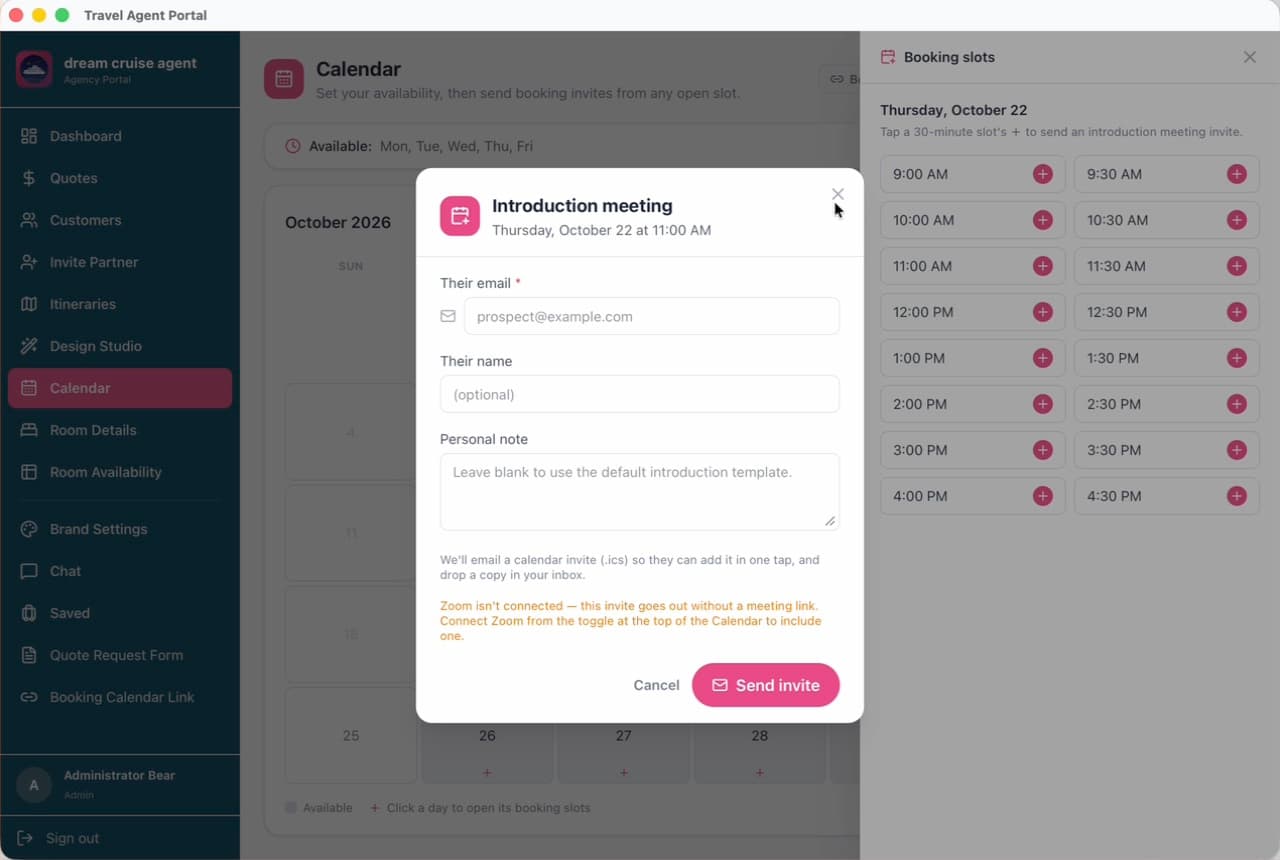 Travel Agent Portal — Calendar booking with Zoom