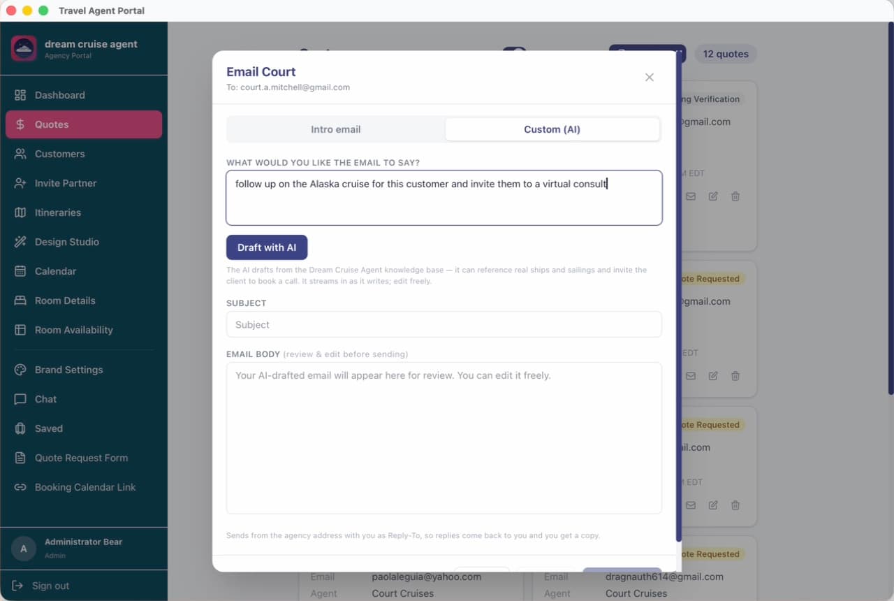 Travel Agent Portal — AI-drafted client emails